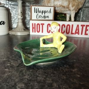 Vintage Kitschy Pixie Elf on leaf Christmas Ashtray ceramic trinket dish holiday